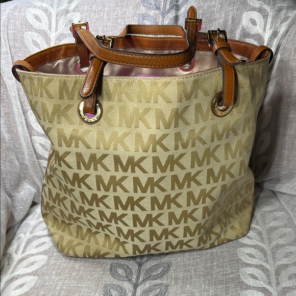 Michael Kors Tan and Brown Canvas Tote with Signature Monogram